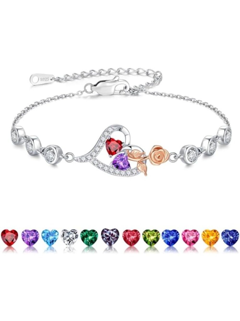 Women's Red Purple Heart Silver Birthstone Anniversary Birthday Gift Bracelets
